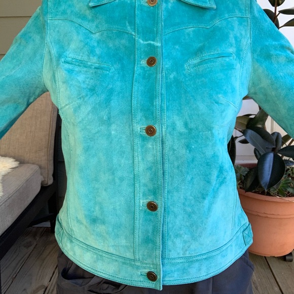Leather Suede Jacket Turquoise Size GB 14 Medium - Picture 4 of 8